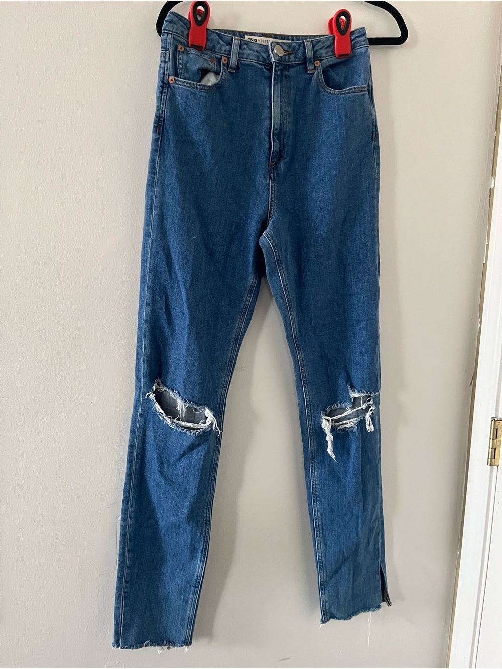 ASOS Denim High Rise Straight Leg Jeans 28 Tall Distressed Medium Wash Blue